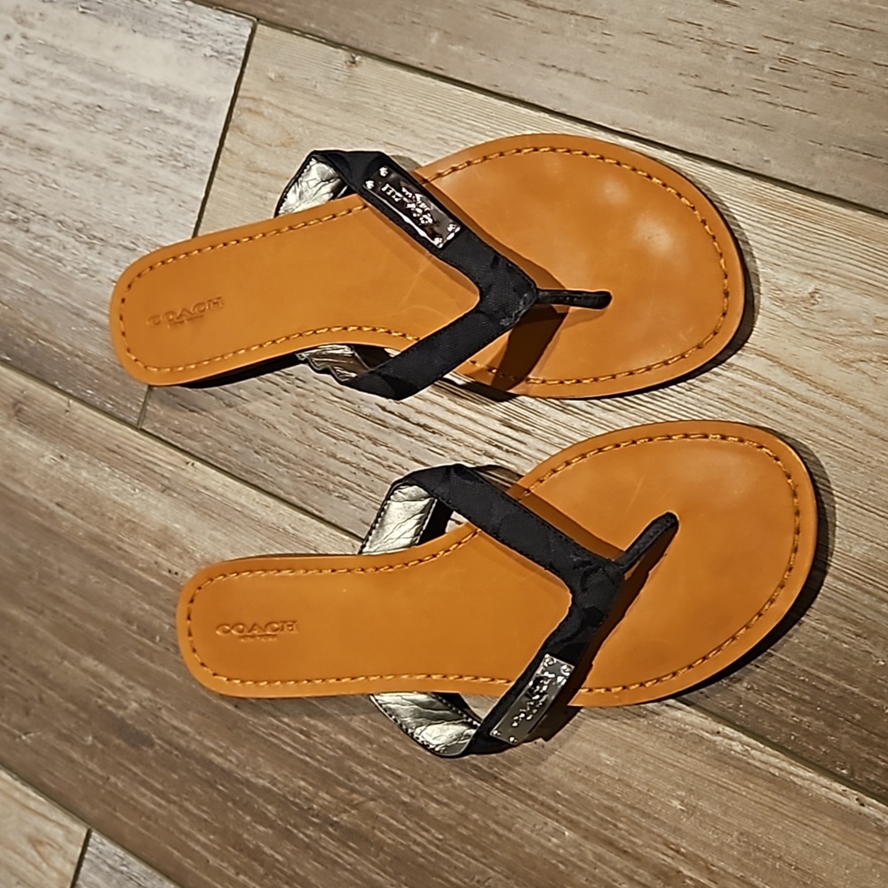 Coach Tan Leather & Black Strap Thong Sandals